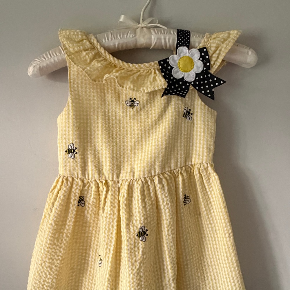Counting‎ Daisies Girls Yellow Seersucker Bee Gingham Dress Size 5 Polka Dot Hem